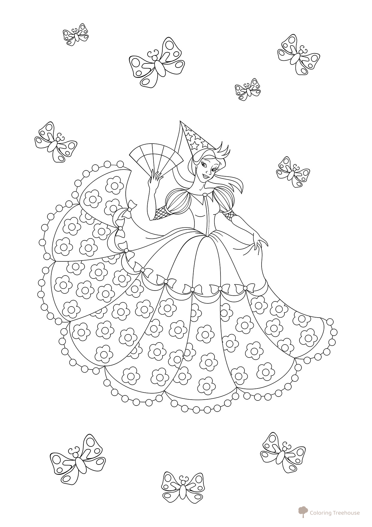 Princess with Butterflies Coloring Page free printable Princess Coloring Pages coloring page