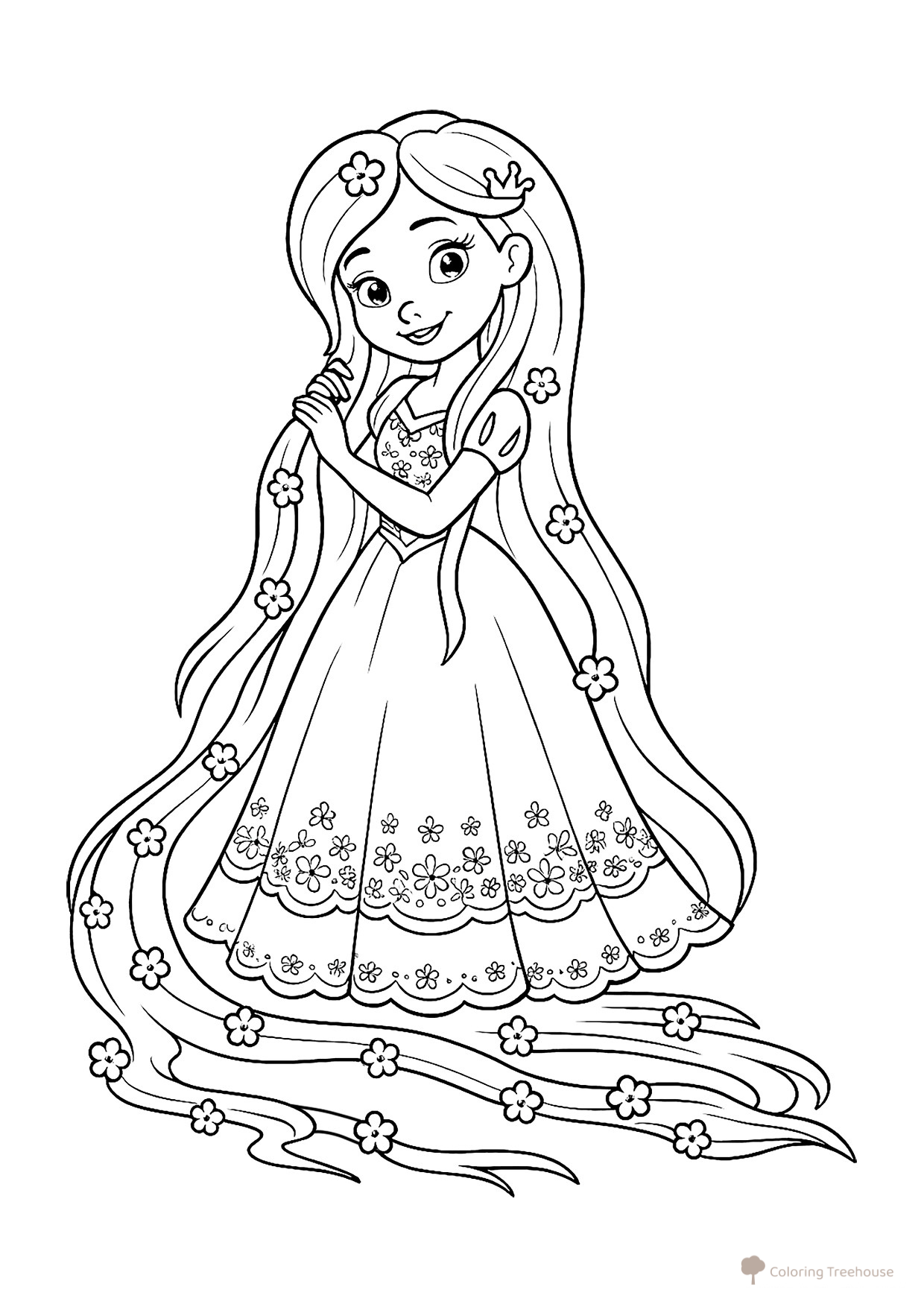 Página para colorear: Princesa con cabello largo dibujo para colorear gratis de Princess Coloring Pages