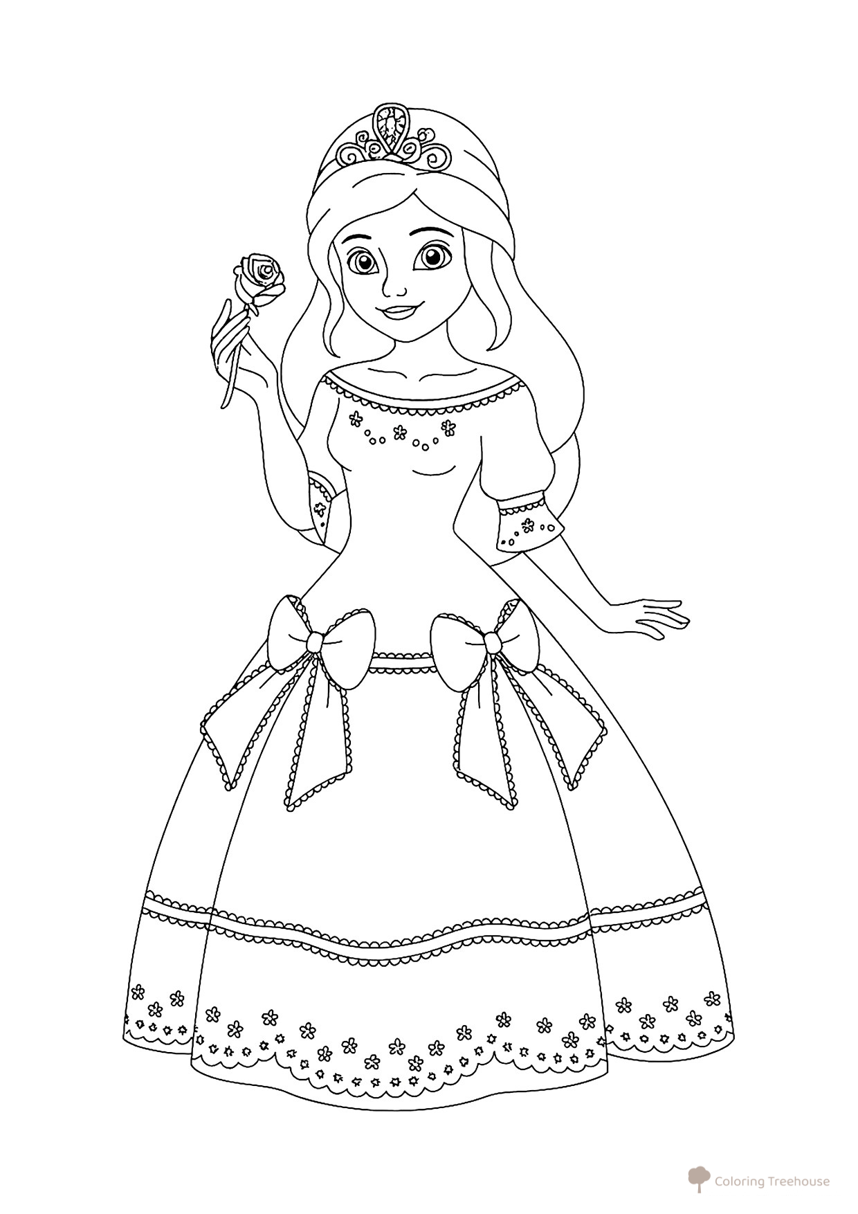 Página para colorear «Princesa con una rosa en las manos» dibujo para colorear gratis de Princess Coloring Pages