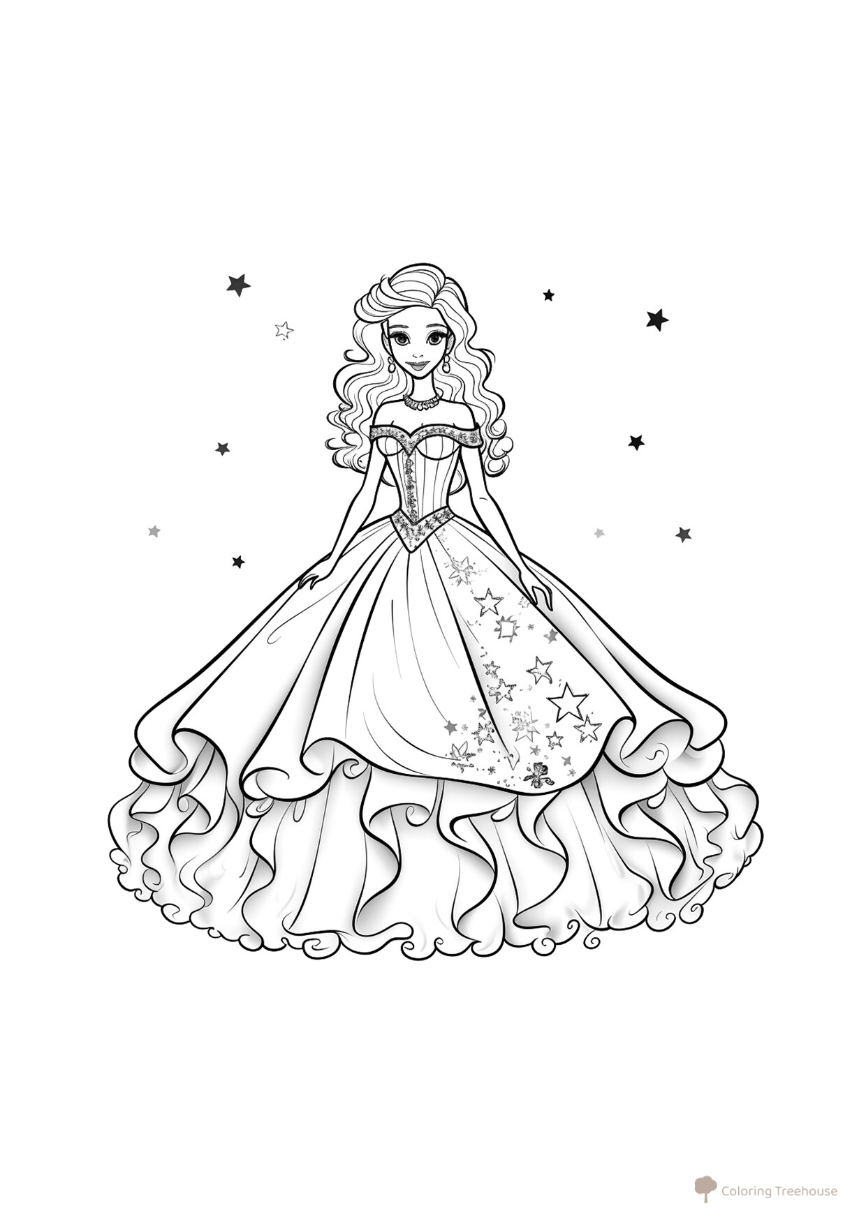 Página para colorear: Princesa con vestido de estrellas dibujo para colorear gratis de Princess Coloring Pages