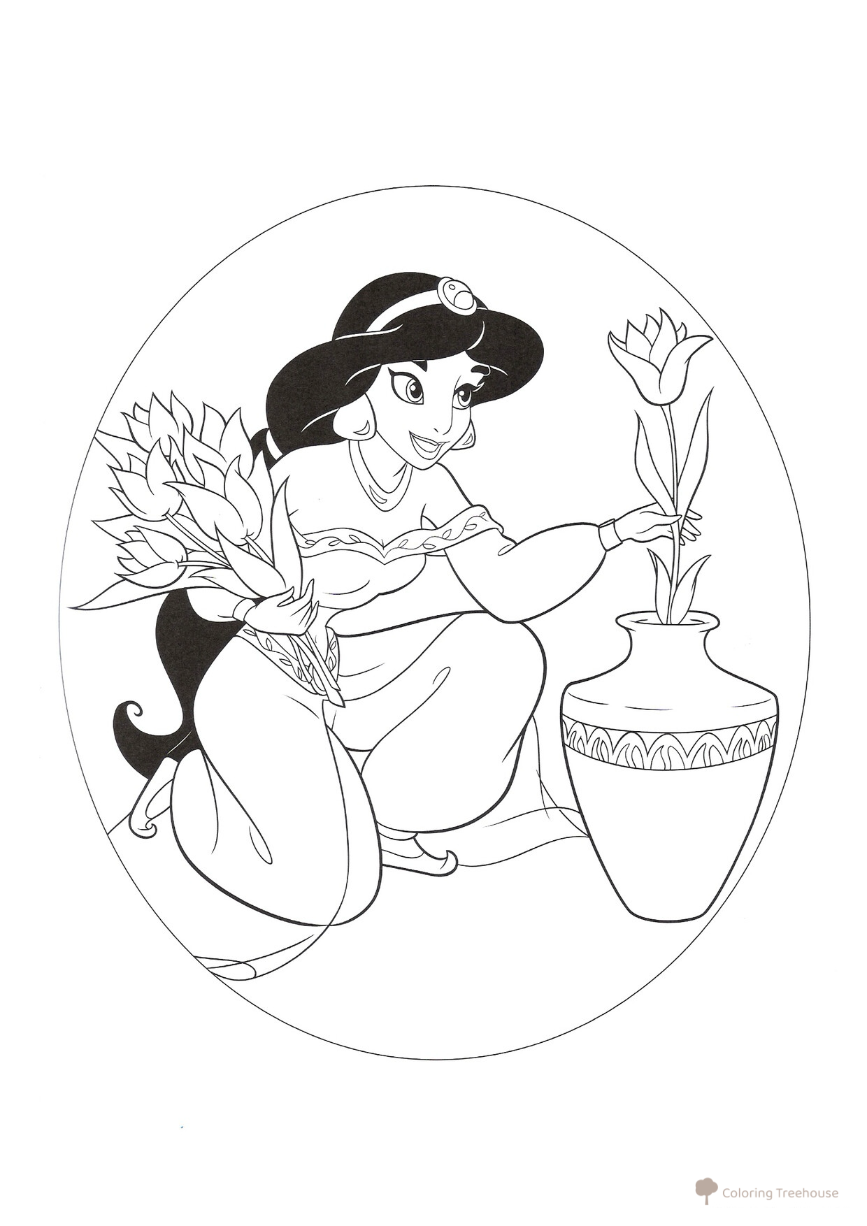 Página para colorear: Princesa Jazmín con flores dibujo para colorear gratis de Princess Coloring Pages