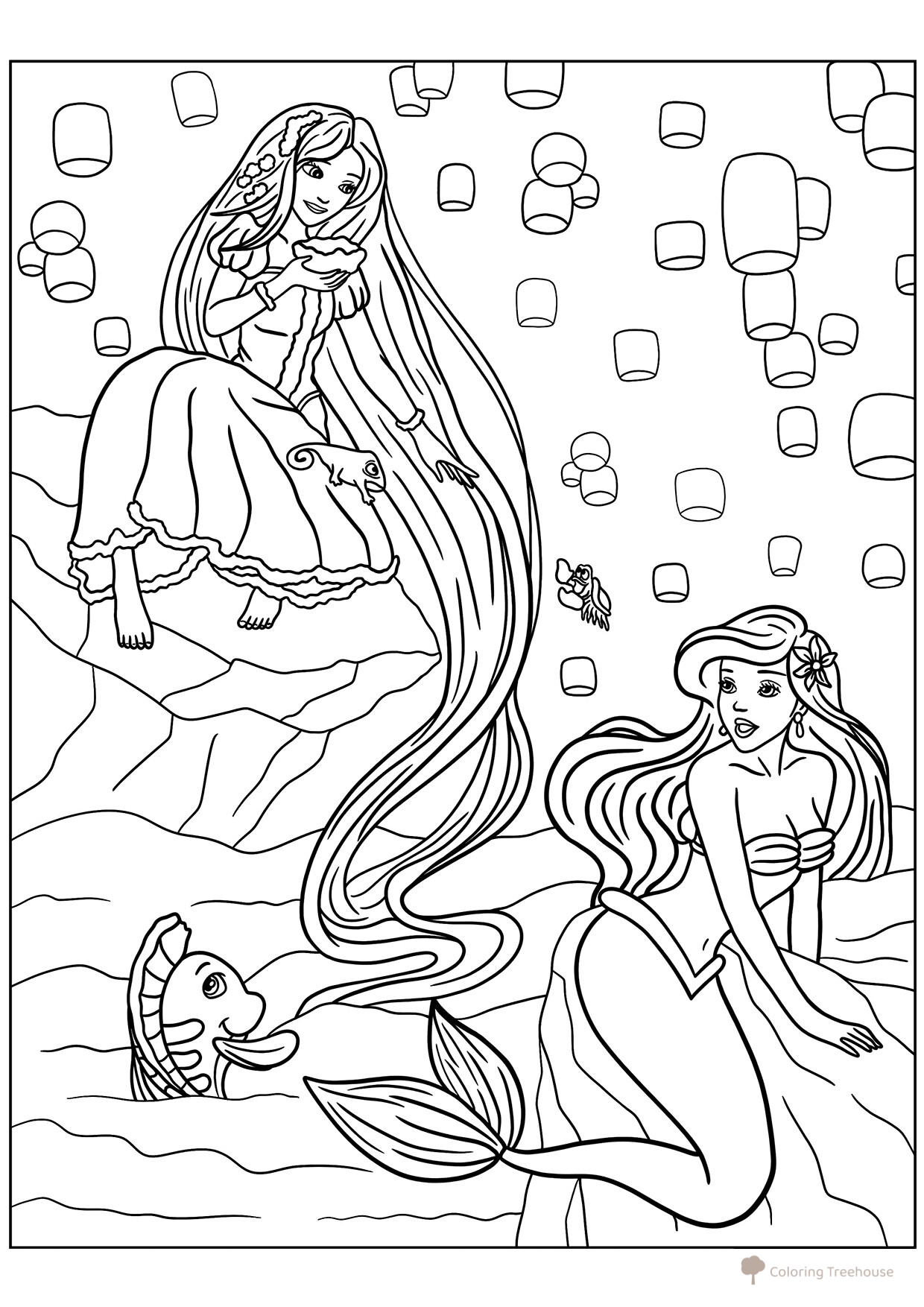 Rapunzel and Ariel Coloring Page free printable Princess Coloring Pages coloring page