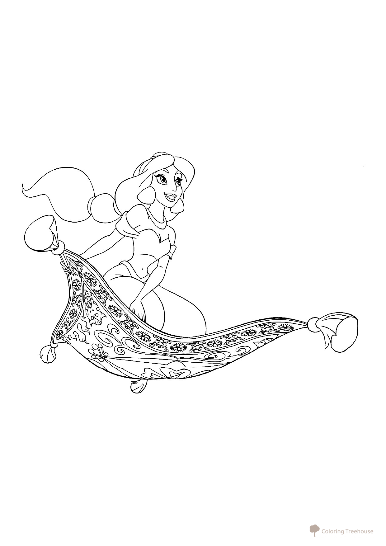 Jazmín en la alfombra voladora - Página para colorear dibujo para colorear gratis de Princess Coloring Pages