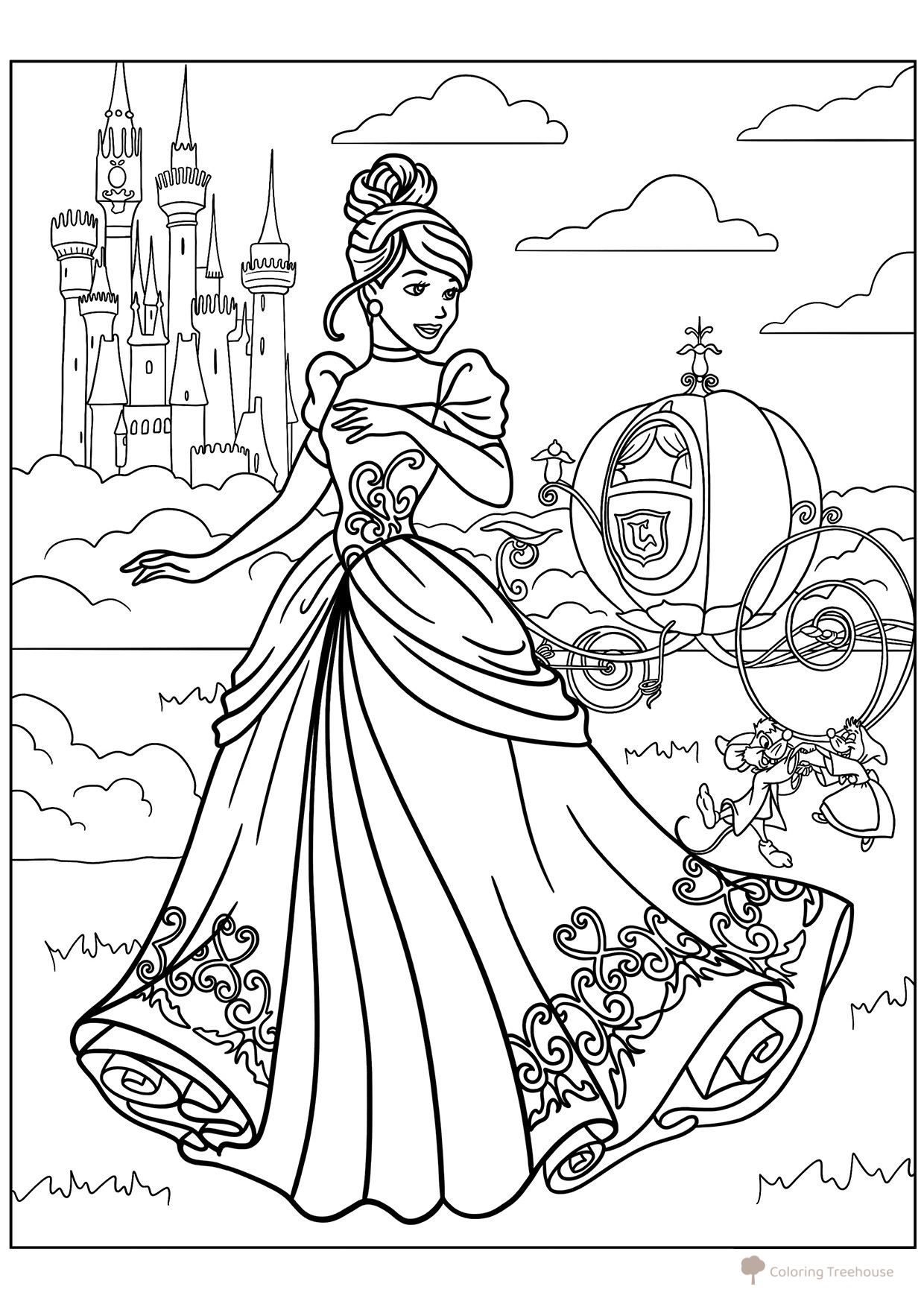 Cinderella and the Carriage Coloring Page free printable Princess Coloring Pages coloring page