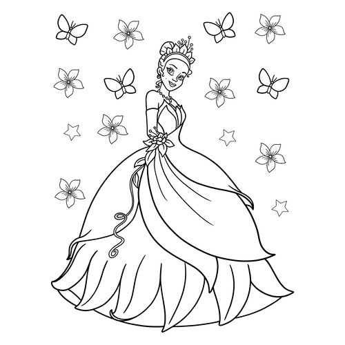 Princesa Tiana en un vestido elegante - página para colorear dibujo para colorear gratis de Páginas para colorear de La princesa y el sapo (Tiana)