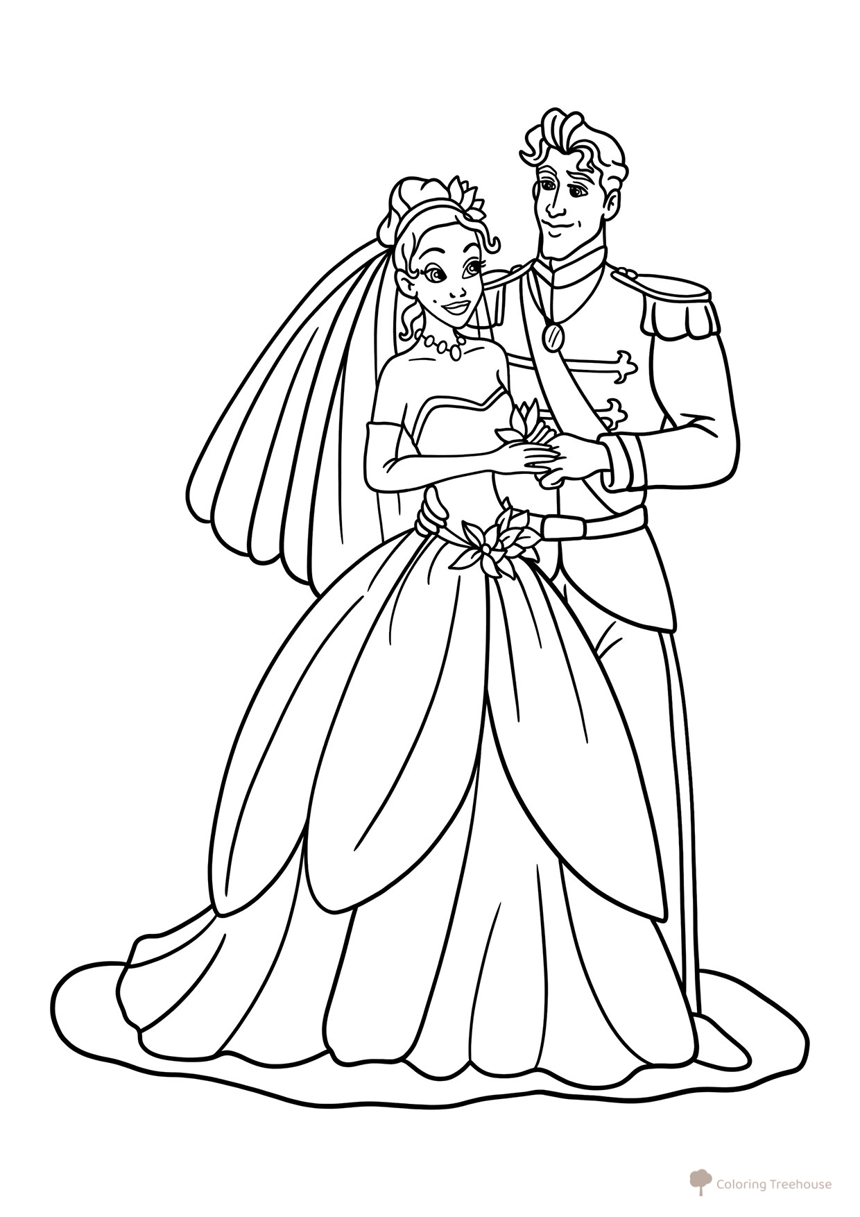 Princess Tiana and Prince Naveen Wedding Coloring Page free printable Princess and the Frog Coloring Pages coloring page