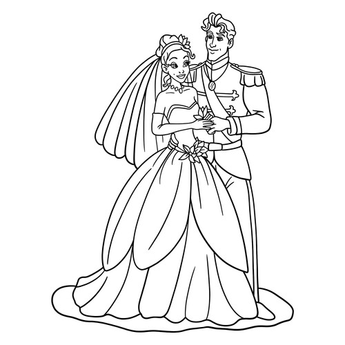 Página para colorear: Boda de la princesa Tiana y el príncipe Naveen dibujo para colorear gratis de Páginas para colorear de La princesa y el sapo (Tiana)