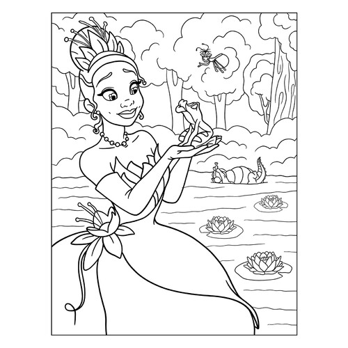 Página para colorear: Tiana, Naveen, Ray y Louis dibujo para colorear gratis de Páginas para colorear de La princesa y el sapo (Tiana)