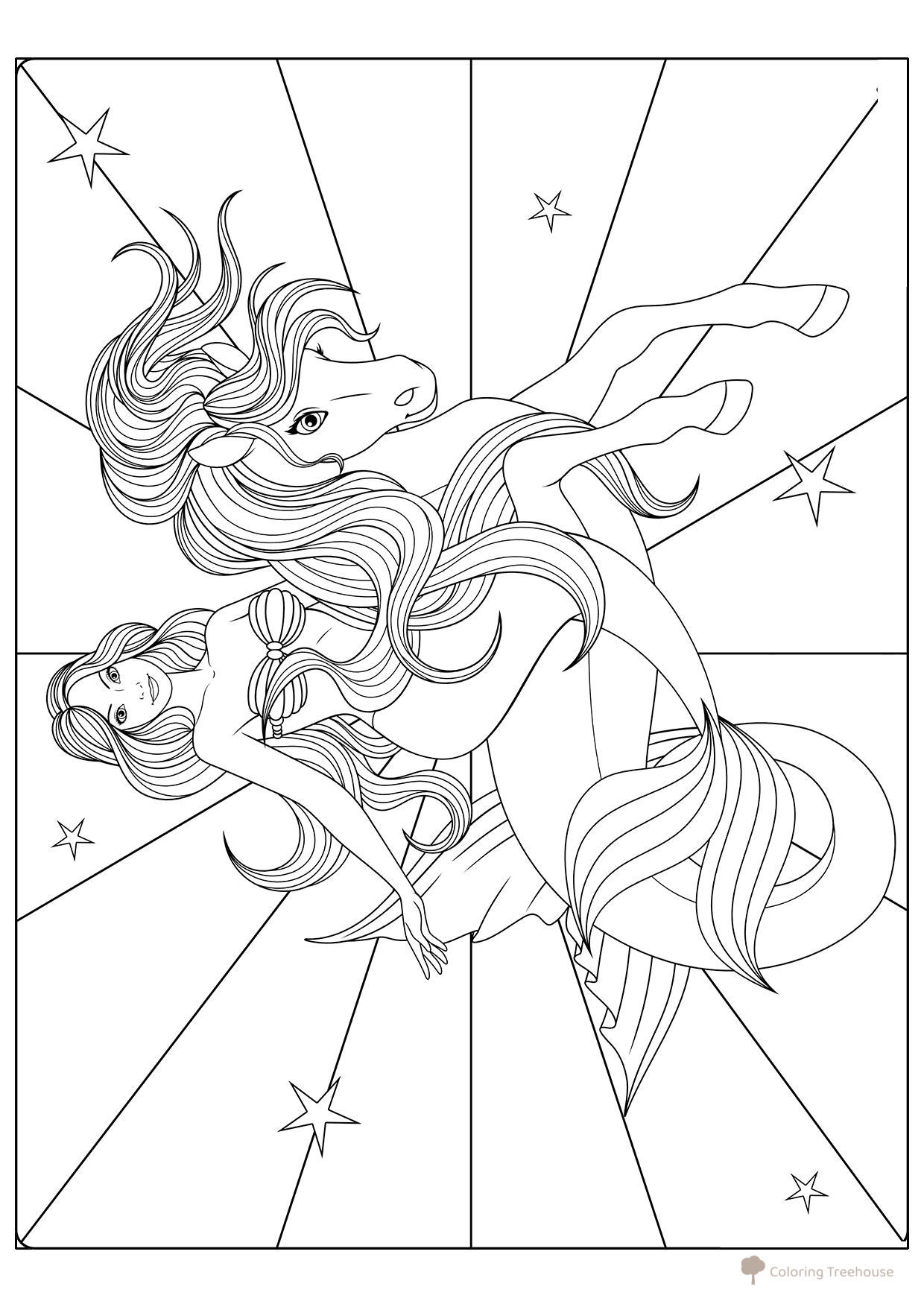 Mermaid on Horse Coloring Page free printable Art Therapy Coloring Pages coloring page