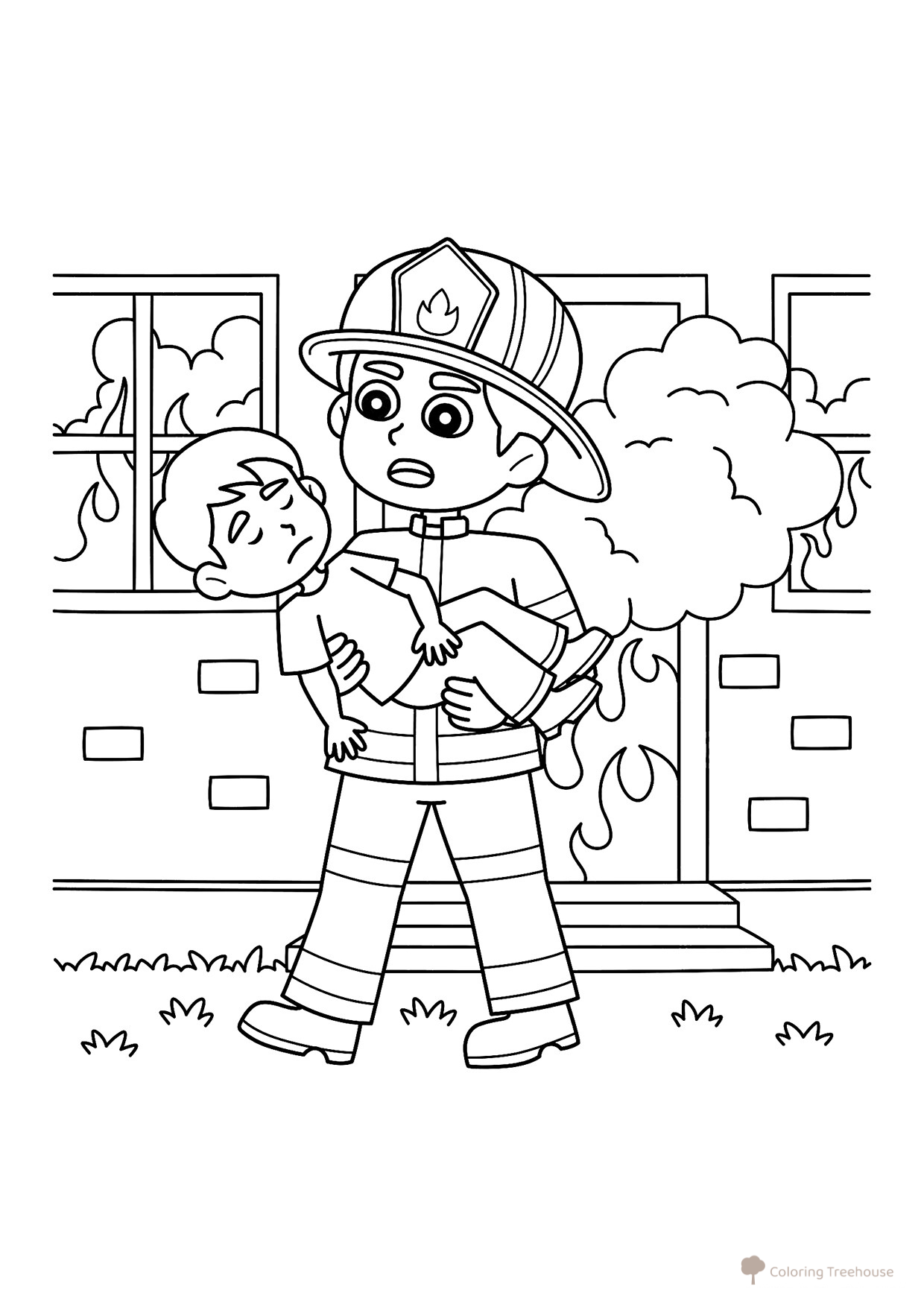 Firefighter Rescuing a Child Coloring Page free printable Profession Coloring Pages coloring page
