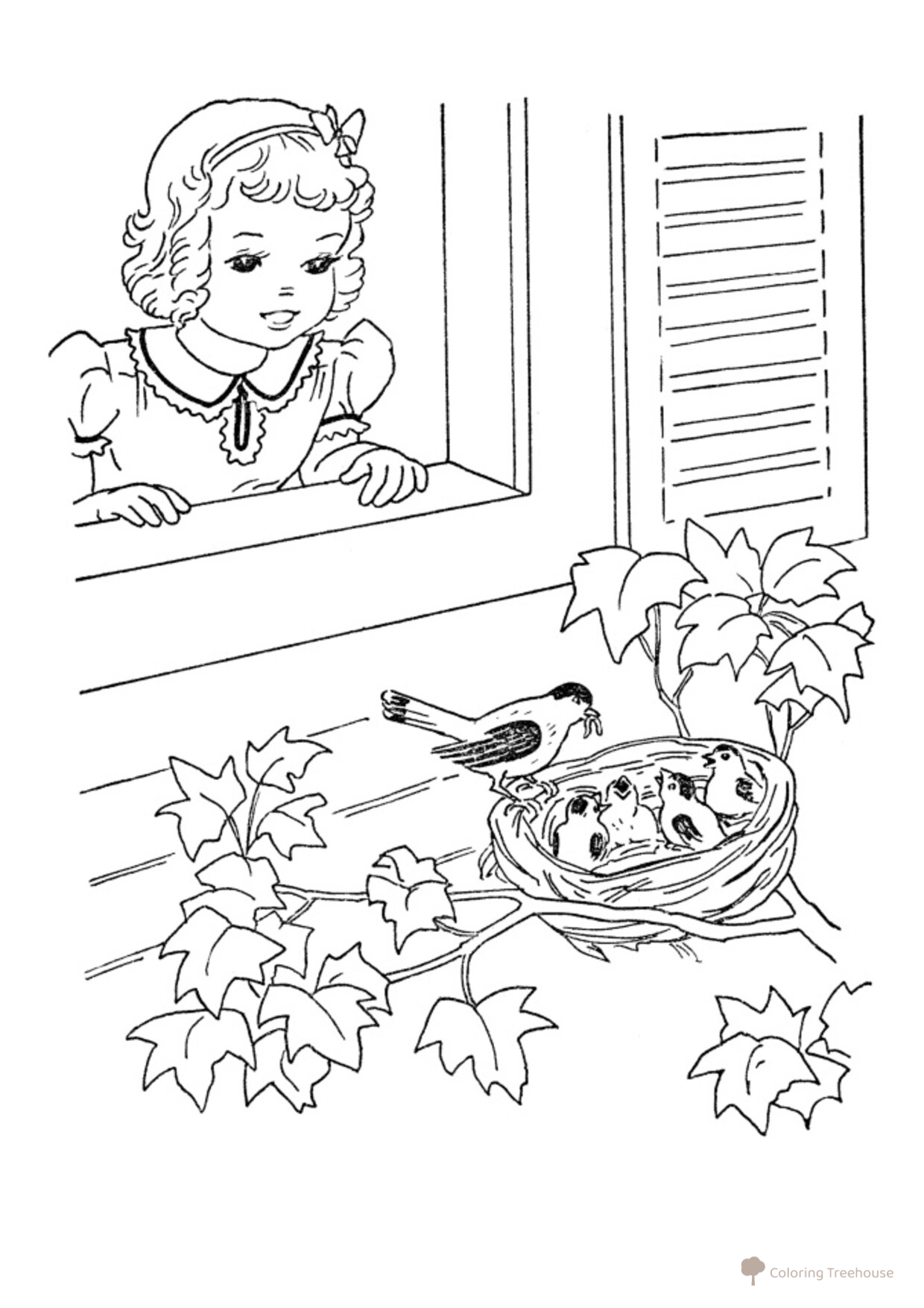 Baby Birds in a Nest Under a Girl's Window Coloring Page free printable Bird Coloring Pages coloring page