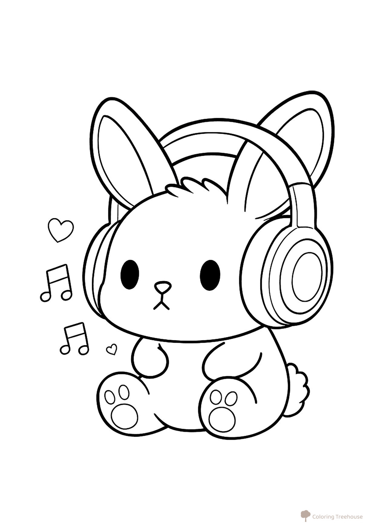 Chibi Rabbit in Headphones Coloring Page free printable Rabbit Coloring Pages coloring page