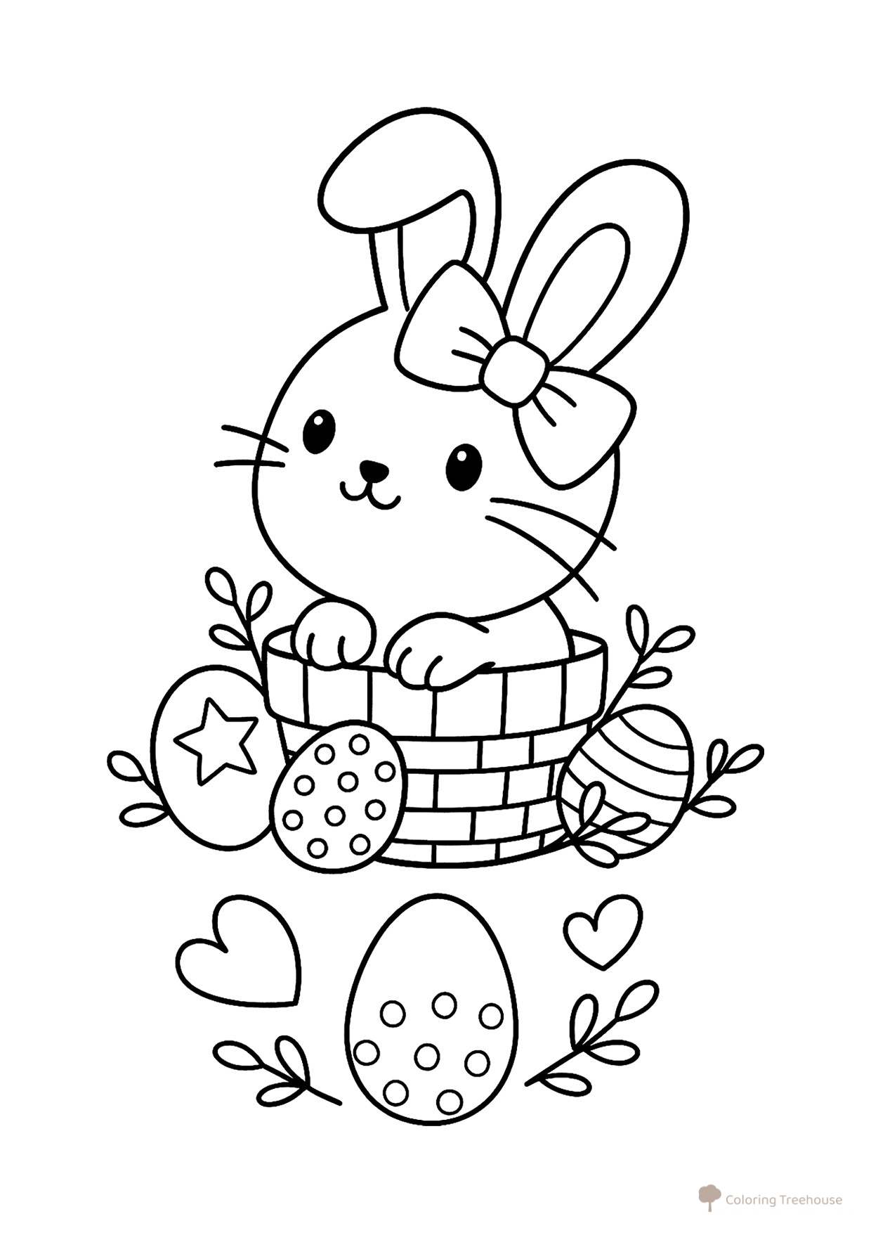Página para colorear «Conejito de dibujos animados en una canasta» dibujo para colorear gratis de Páginas para colorear de conejos, conejitos y liebres