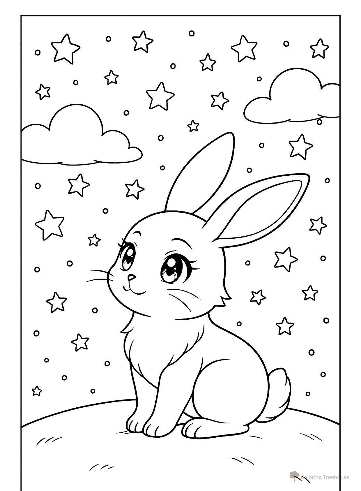 Rabbit Sitting Under the Stars Coloring Page free printable Rabbit Coloring Pages coloring page