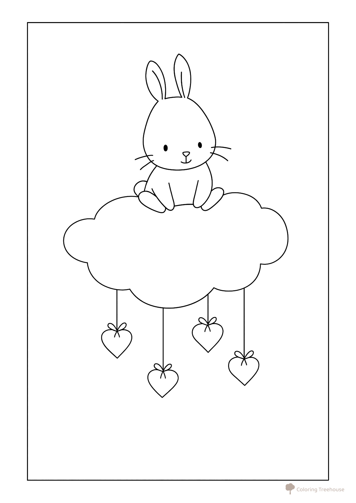 Bunny on a Cloud with Hearts Coloring Page free printable Rabbit Coloring Pages coloring page