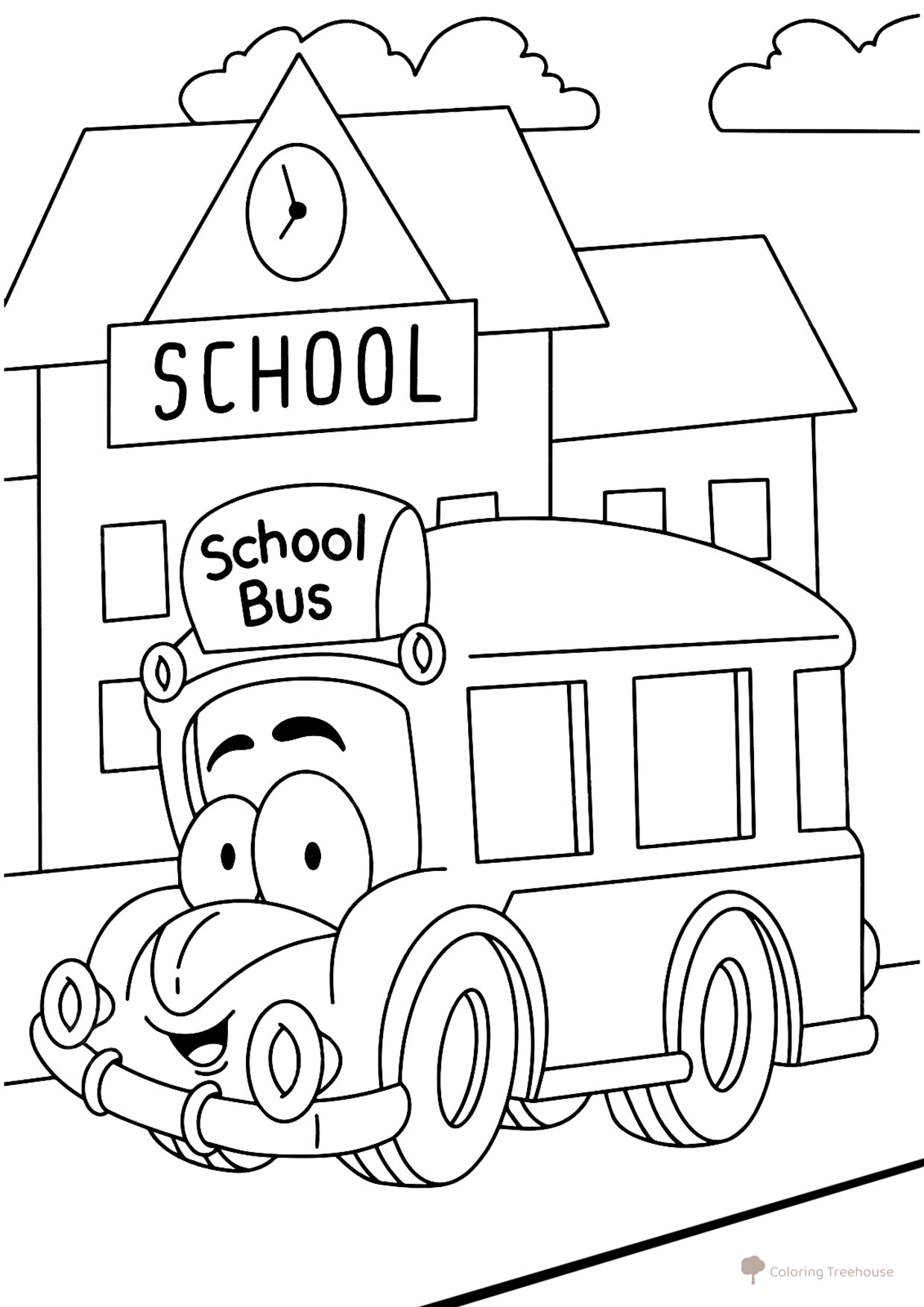 Página para colorear «Autobús cerca de la escuela» dibujo para colorear gratis de Páginas para colorear de autobuses
