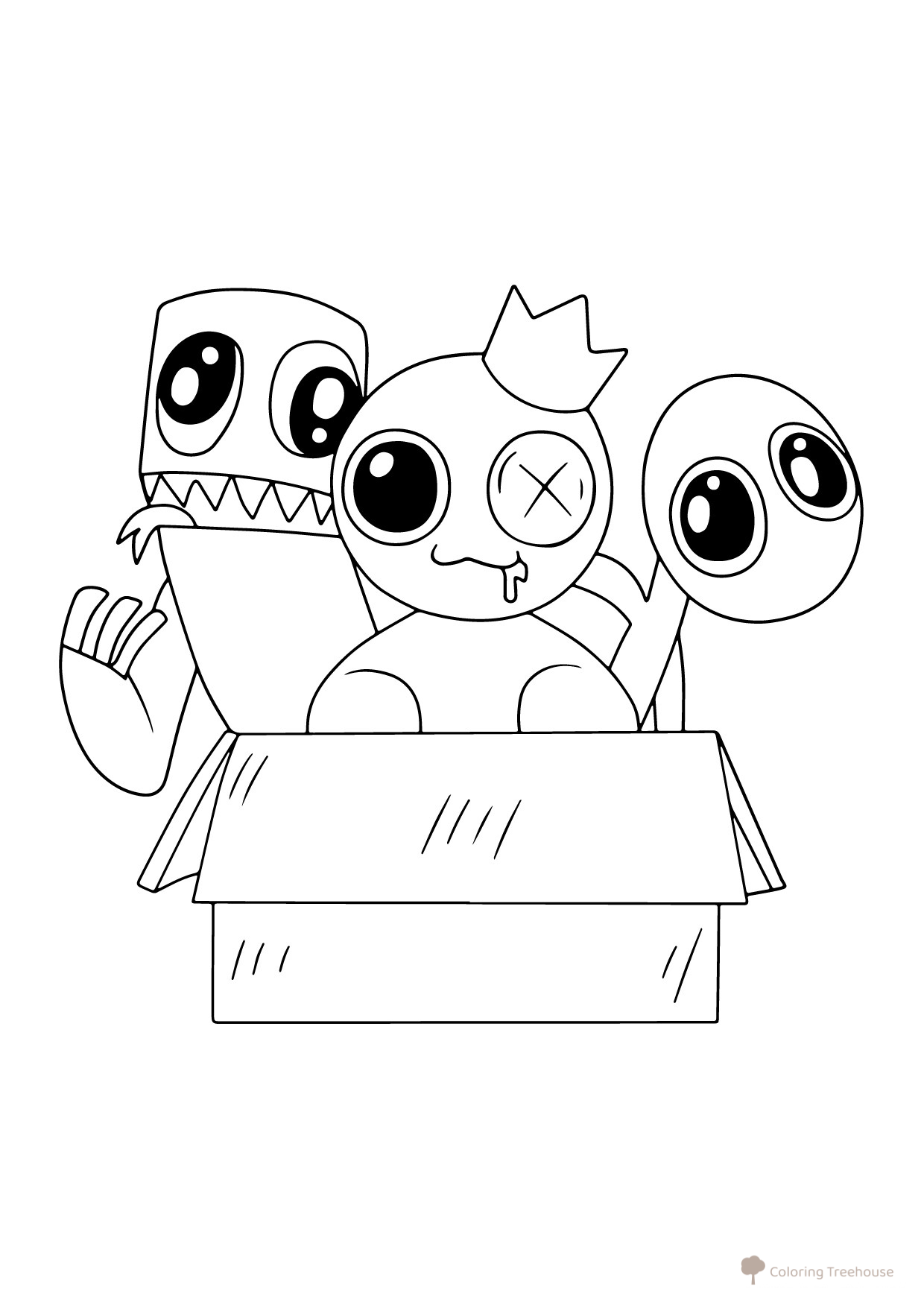 Blue, Green and Purple Sitting in a Box Coloring Page free printable Rainbow Friends Coloring Pages coloring page