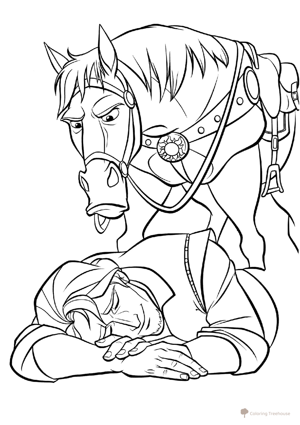 Página para colorear: El caballo Máximus encuentra a Flynn dibujo para colorear gratis de Páginas para colorear de Rapunzel