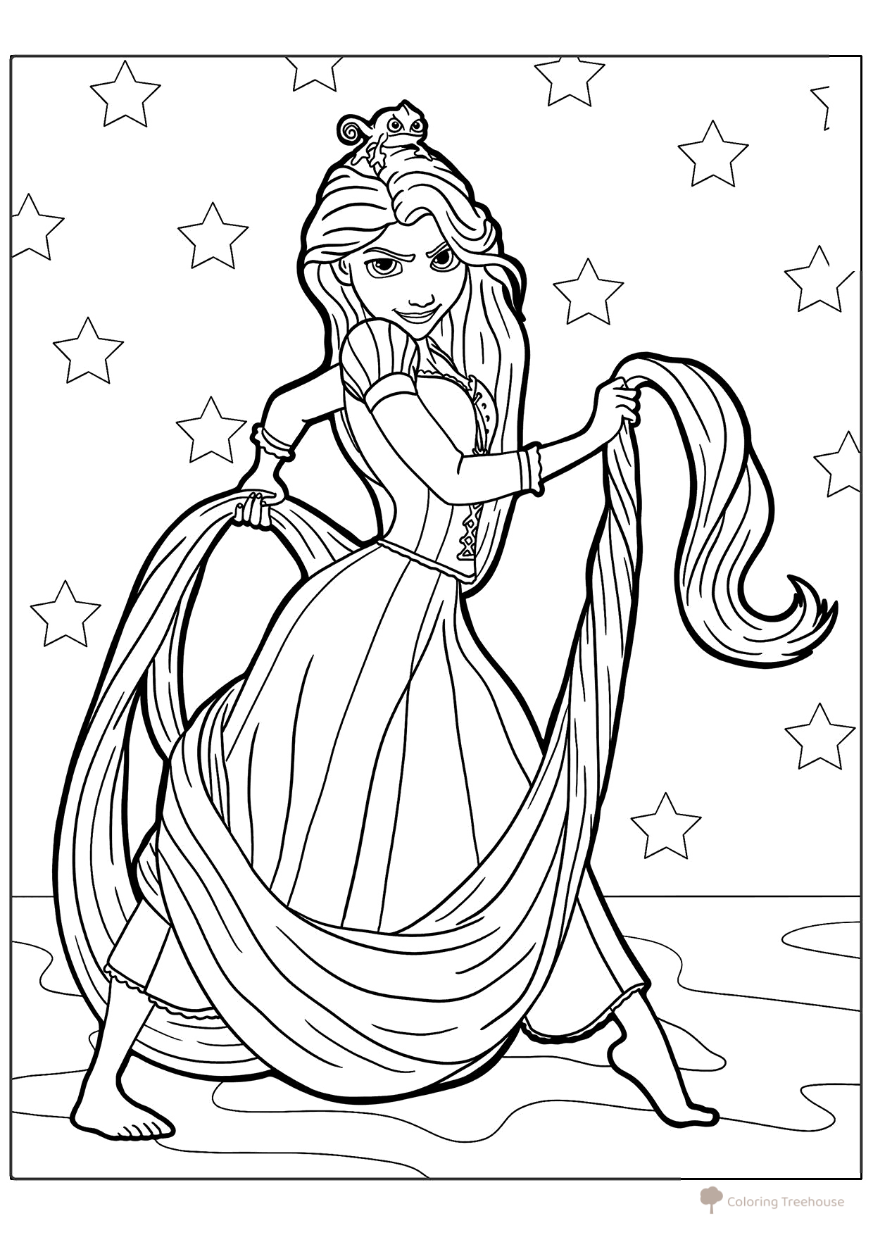 Página para colorear: Bella Rapunzel y su fiel Pascal dibujo para colorear gratis de Páginas para colorear de Rapunzel