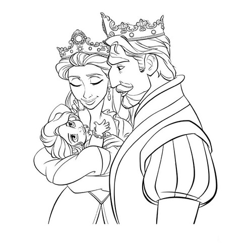 Little Rapunzel in Her Parents' Arms Coloring Page free printable Rapunzel Coloring Pages coloring page