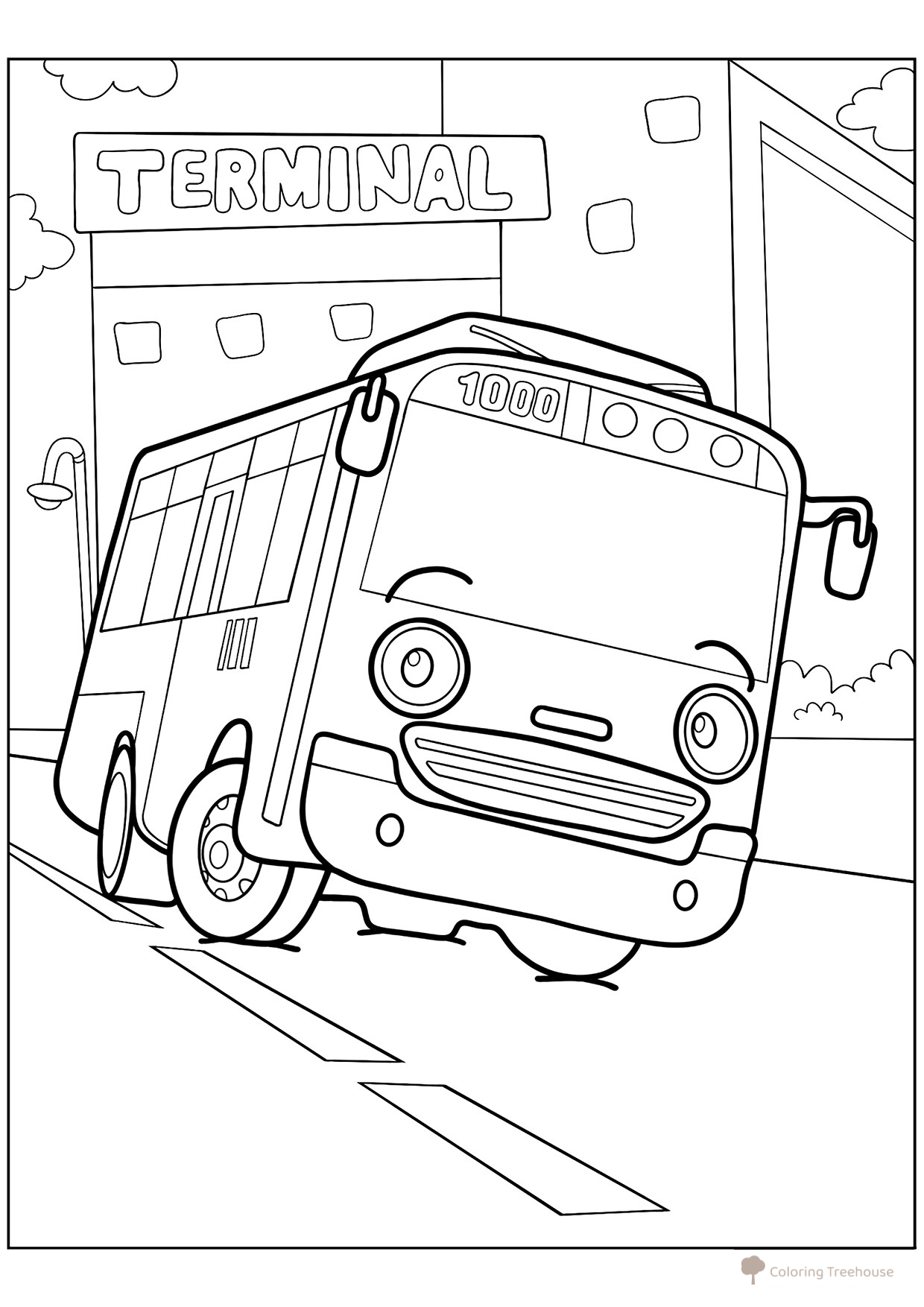 Página para colorear «Lindo autobús Rogi» dibujo para colorear gratis de Páginas para colorear de autobuses