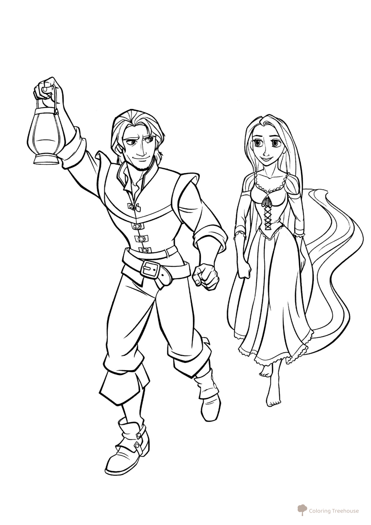 Rapunzel y Flynn en el camino - página para colorear dibujo para colorear gratis de Páginas para colorear de Rapunzel