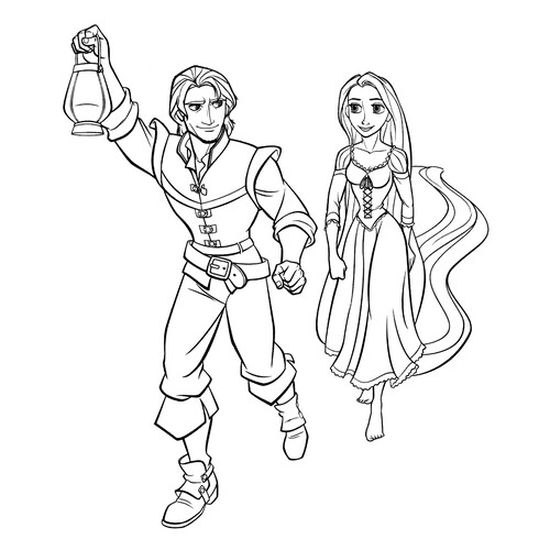 Rapunzel y Flynn en el camino - página para colorear dibujo para colorear gratis de Páginas para colorear de Rapunzel