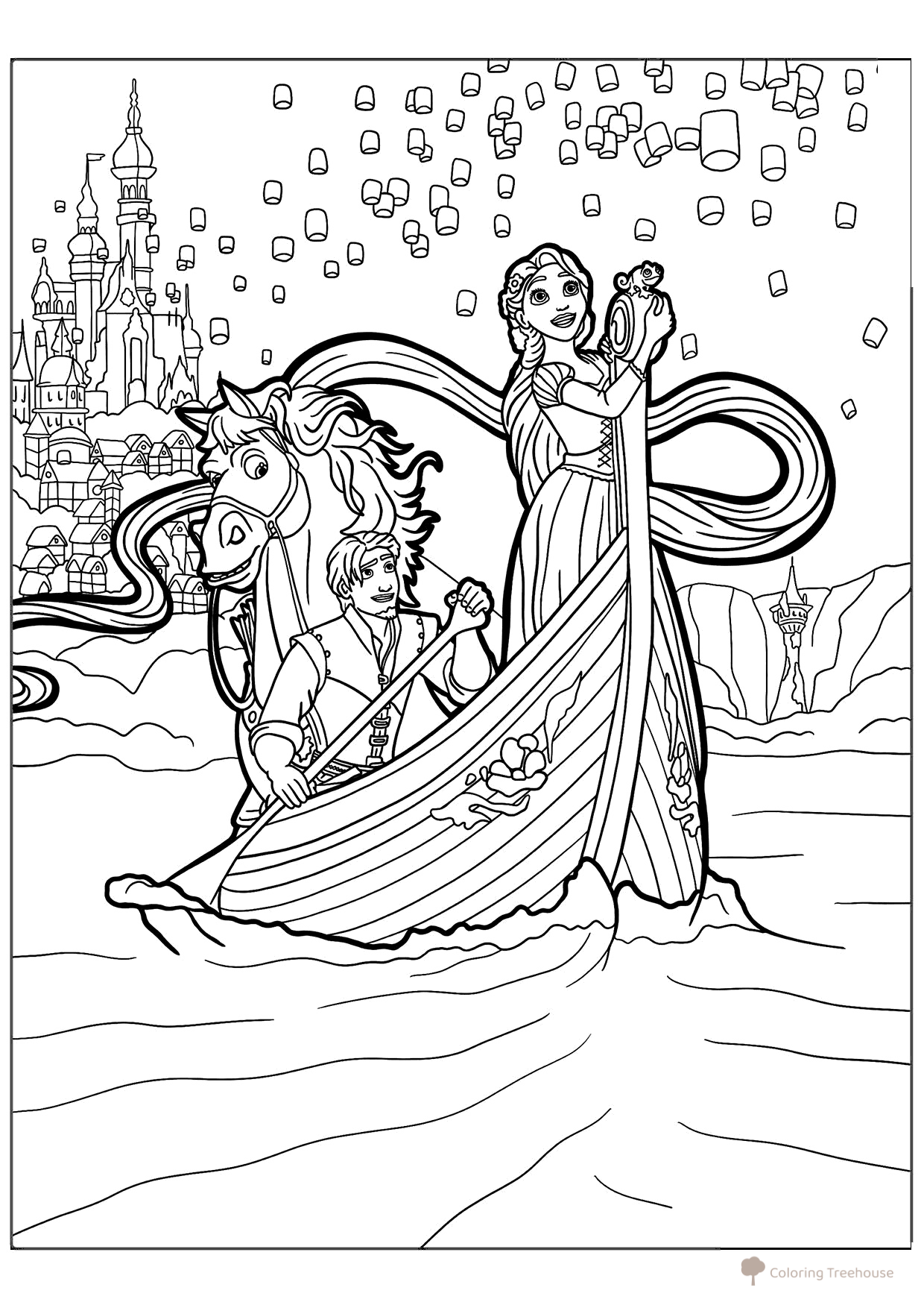 Página para colorear: Rapunzel y Eugene en el bote dibujo para colorear gratis de Páginas para colorear de Rapunzel