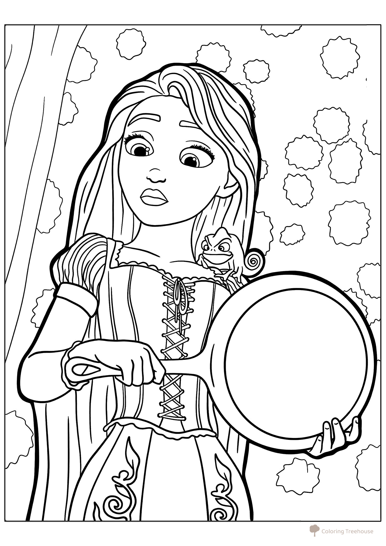 Página para colorear de Rapunzel con una sartén dibujo para colorear gratis de Páginas para colorear de Rapunzel
