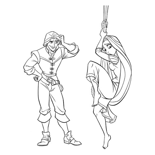 Rapunzel Descending on Her Hair Coloring Page with Flynn free printable Rapunzel Coloring Pages coloring page