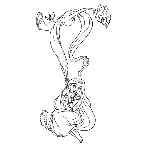 Rapunzel Hanging from a Branch Coloring Page free printable Rapunzel Coloring Pages coloring page