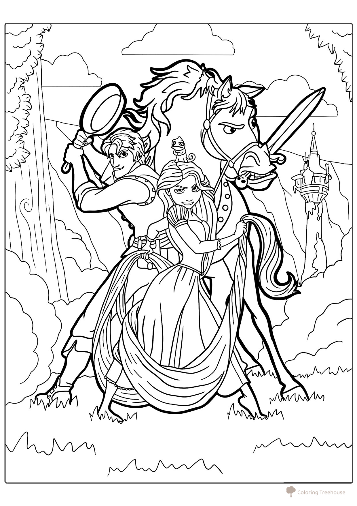 Página para colorear: Rapunzel, Eugene y Maximus dibujo para colorear gratis de Páginas para colorear de Rapunzel