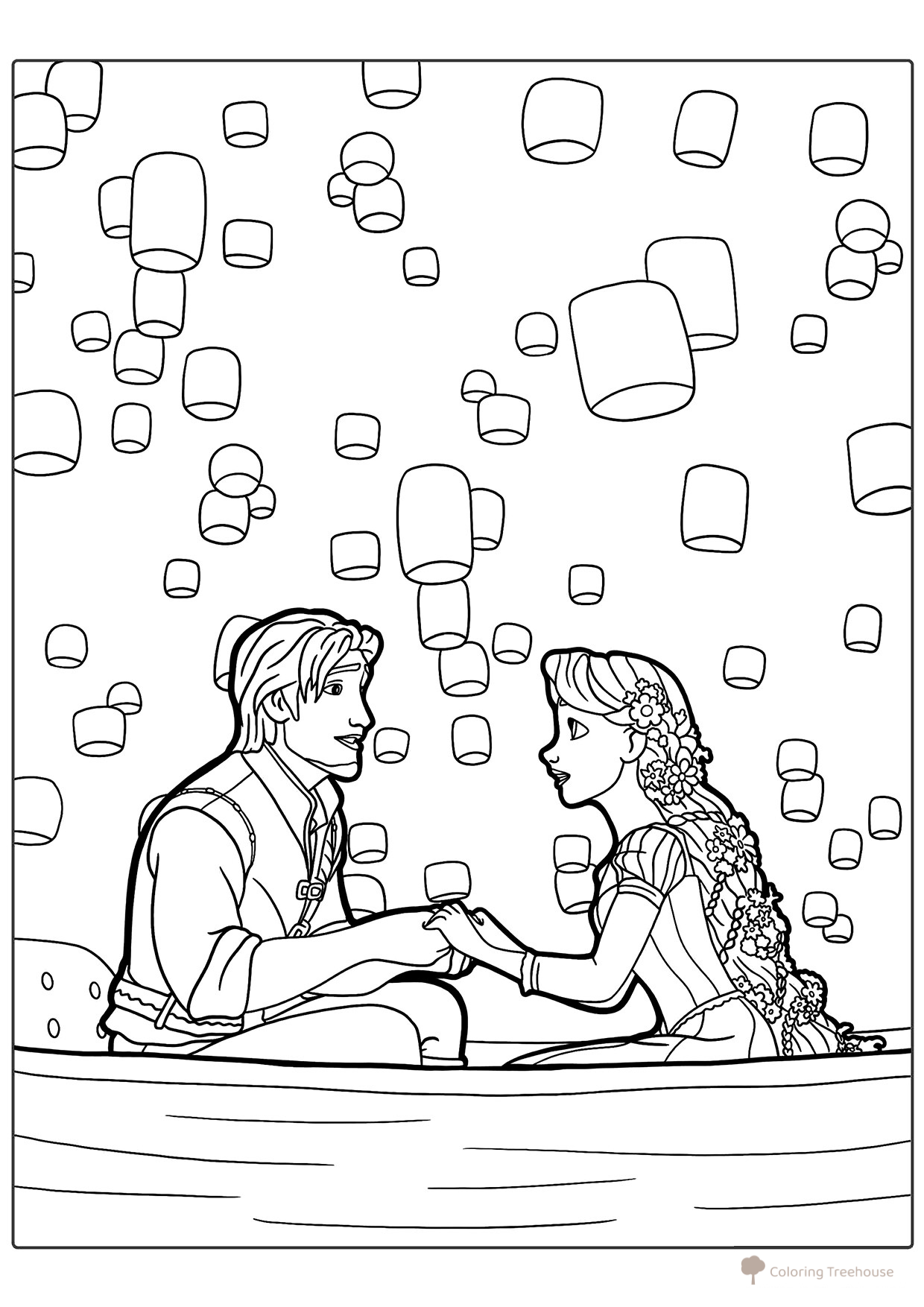 Páginas para colorear: Eugene, Rapunzel y las linternas dibujo para colorear gratis de Páginas para colorear de Rapunzel
