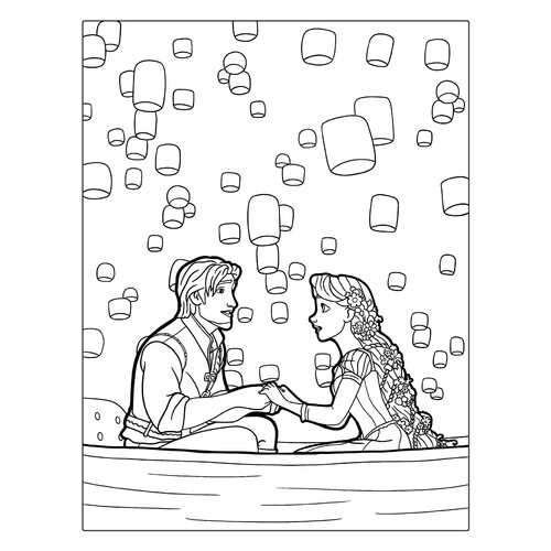 Eugene, Rapunzel and Lanterns Coloring Page free printable Rapunzel Coloring Pages coloring page
