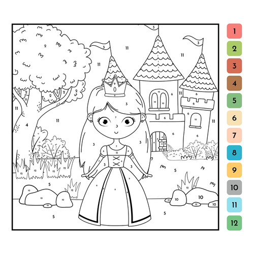 Princess and Castle Color-by-Number free printable Number Coloring Pages coloring page
