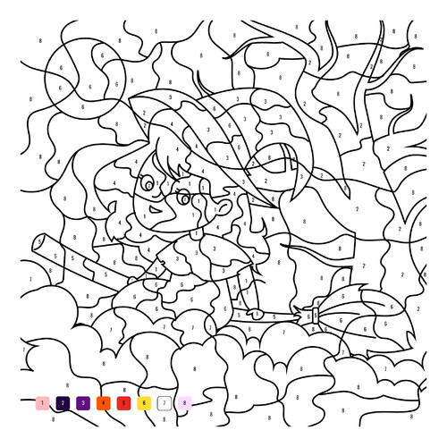 Witch on a Broom Coloring Page (Color by Number) free printable Number Coloring Pages coloring page