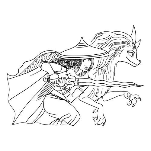 Raya and Sisu Rush into Battle Coloring Page free printable Raya and the Last Dragon Coloring Pages coloring page
