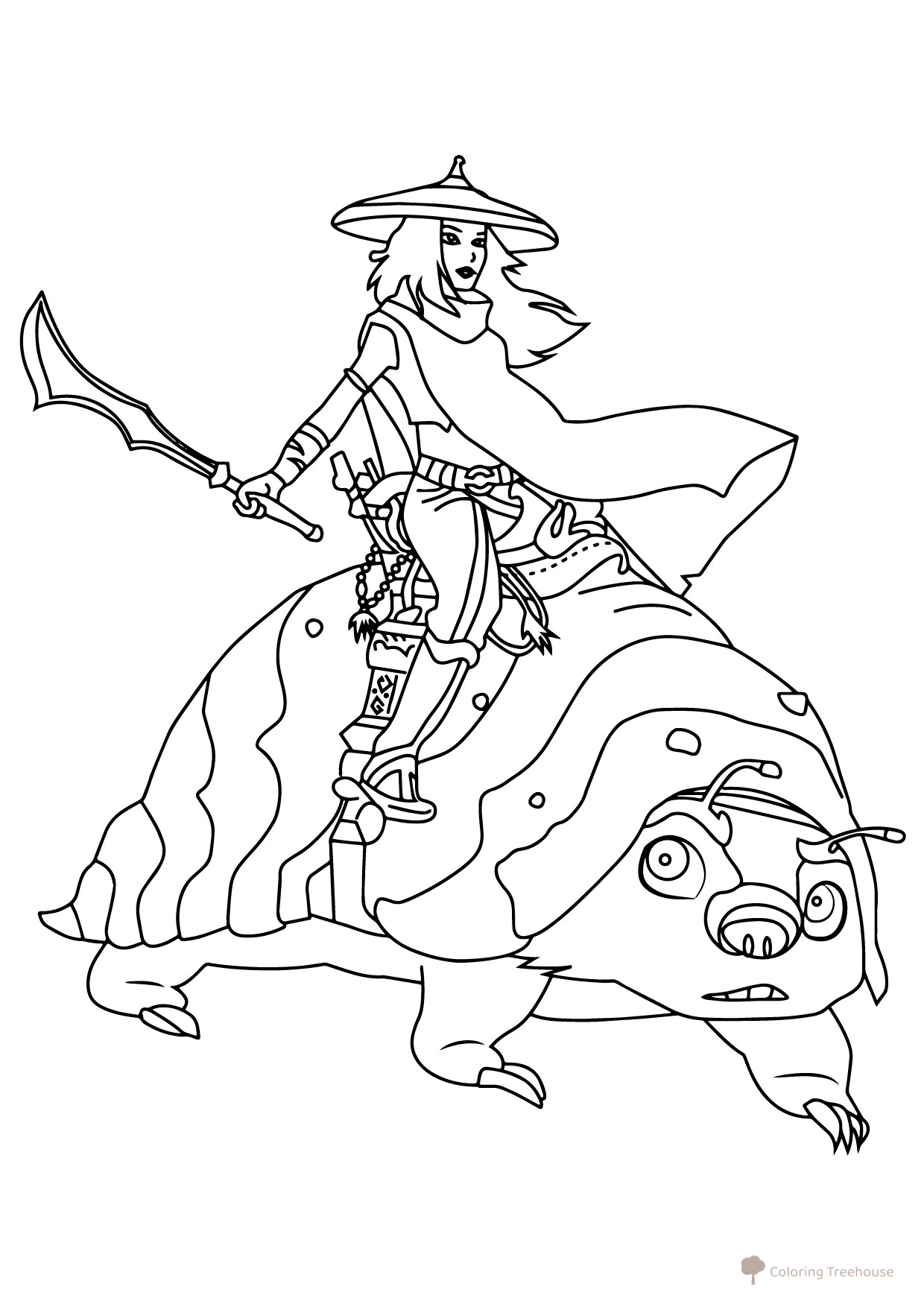 Página para colorear de Raya con espada sobre Tuk Tuk dibujo para colorear gratis de Páginas para colorear de Raya y el último dragón