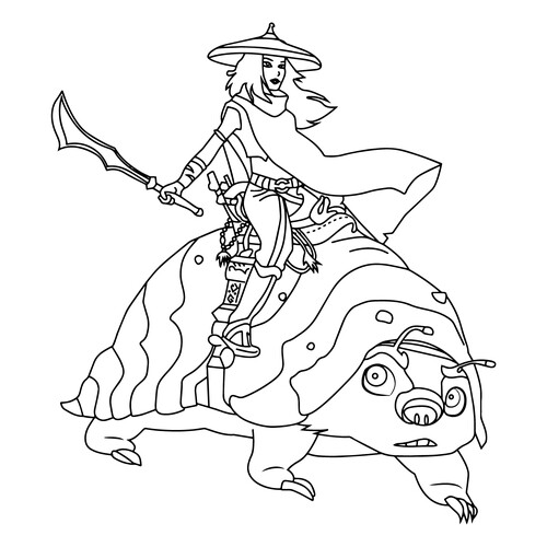 Página para colorear de Raya con espada sobre Tuk Tuk dibujo para colorear gratis de Páginas para colorear de Raya y el último dragón