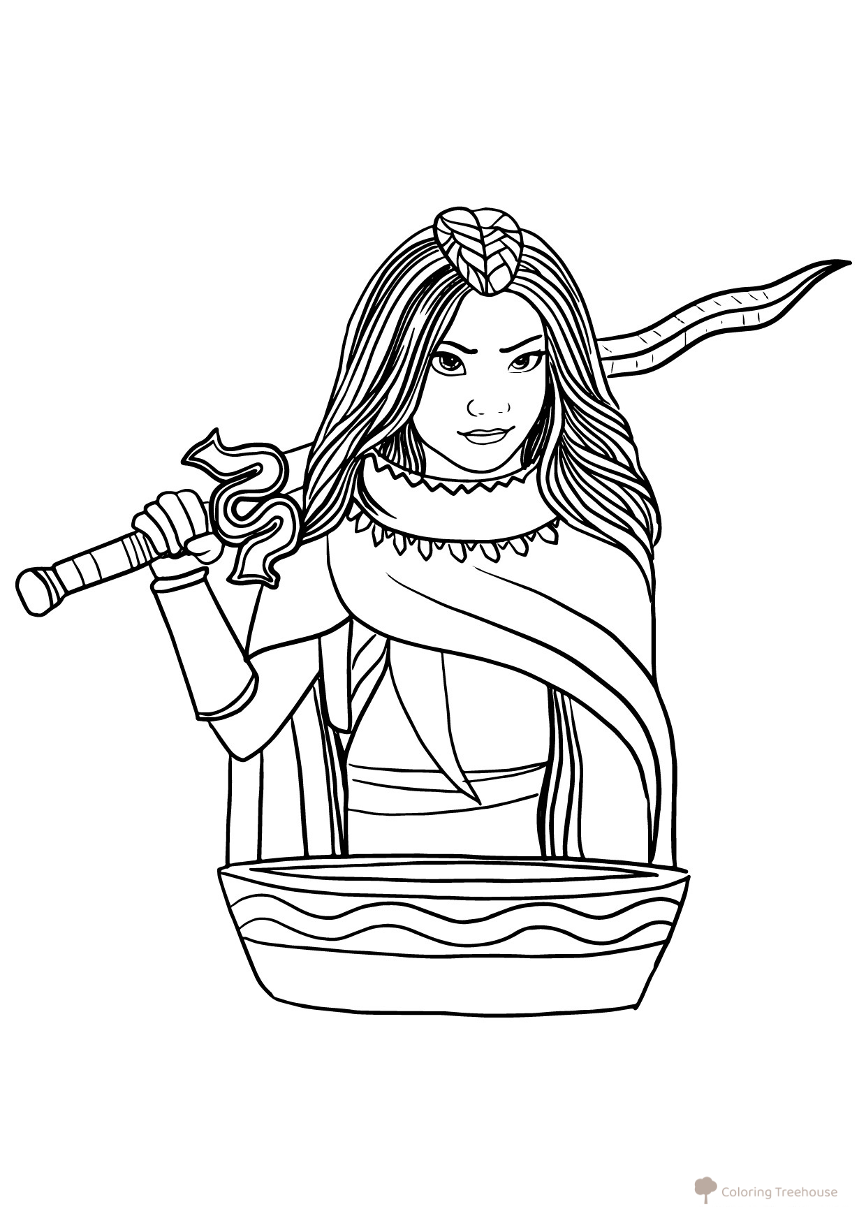 Raya Coloring Page — Raya with Sword in Front of a Bowl of Water free printable Raya and the Last Dragon Coloring Pages coloring page
