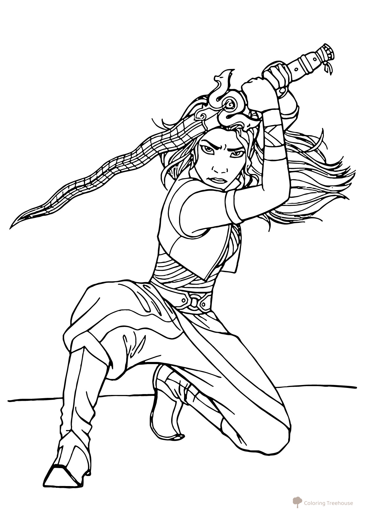 Página para colorear: Raya con espada en pose defensiva dibujo para colorear gratis de Páginas para colorear de Raya y el último dragón