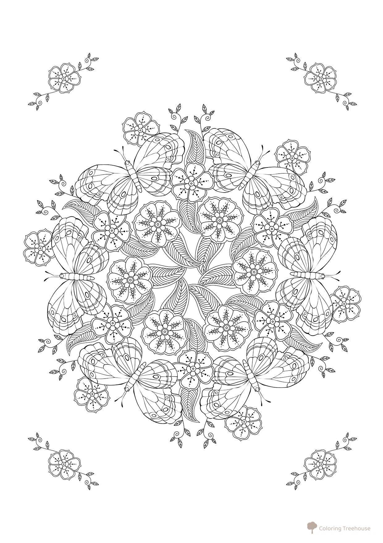 Página para colorear antiestrés: mariposas en forma de mandala dibujo para colorear gratis de Mariposas – láminas para colorear. Mariposas y flores