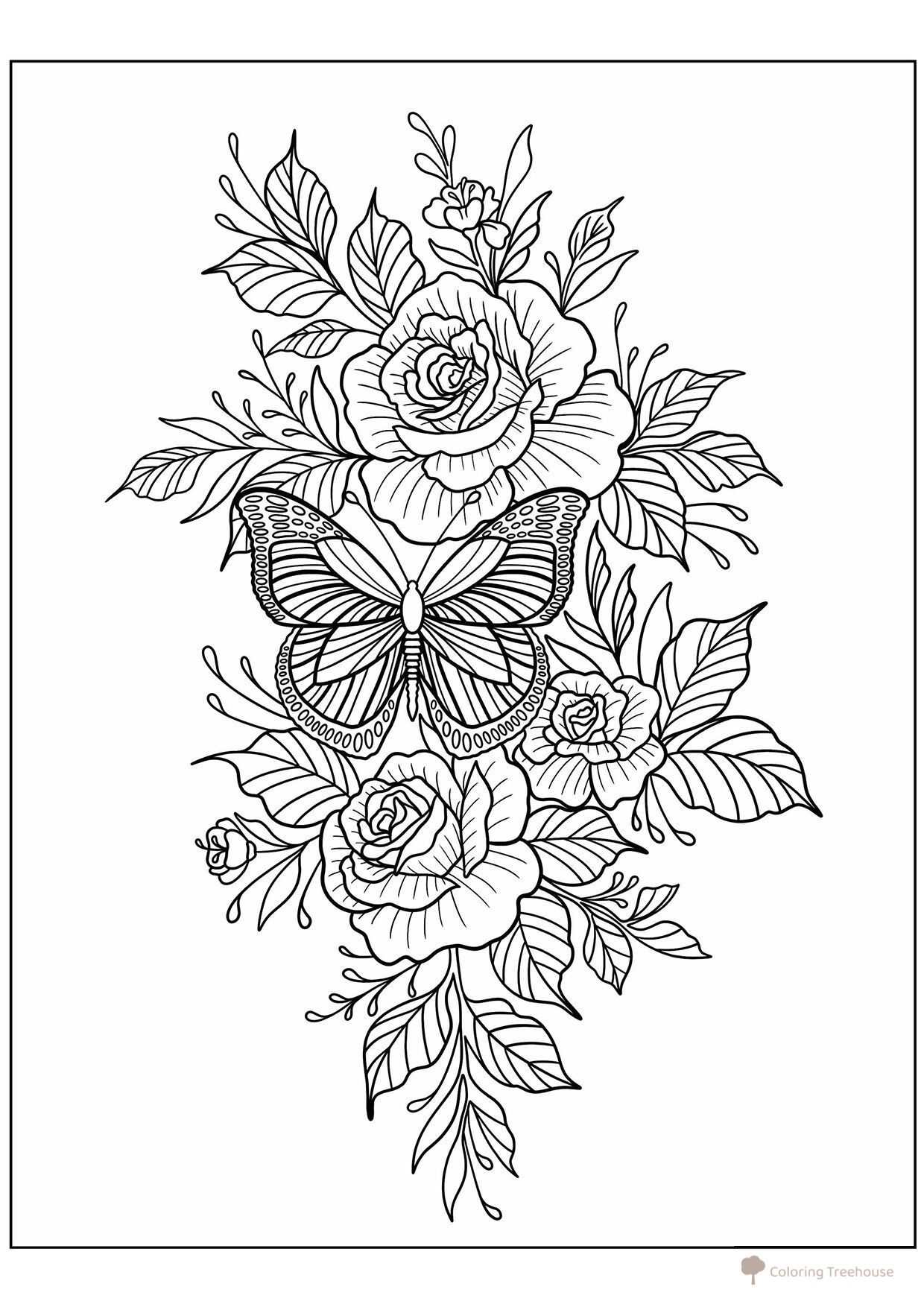 Butterfly on a Bouquet of Roses Coloring Page free printable Butterfly Coloring Pages and Flowers coloring page