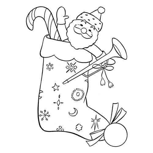 Dibujo para colorear: Papá Noel de juguete en un calcetín navideño dibujo para colorear gratis de Christmas Stocking Coloring Page