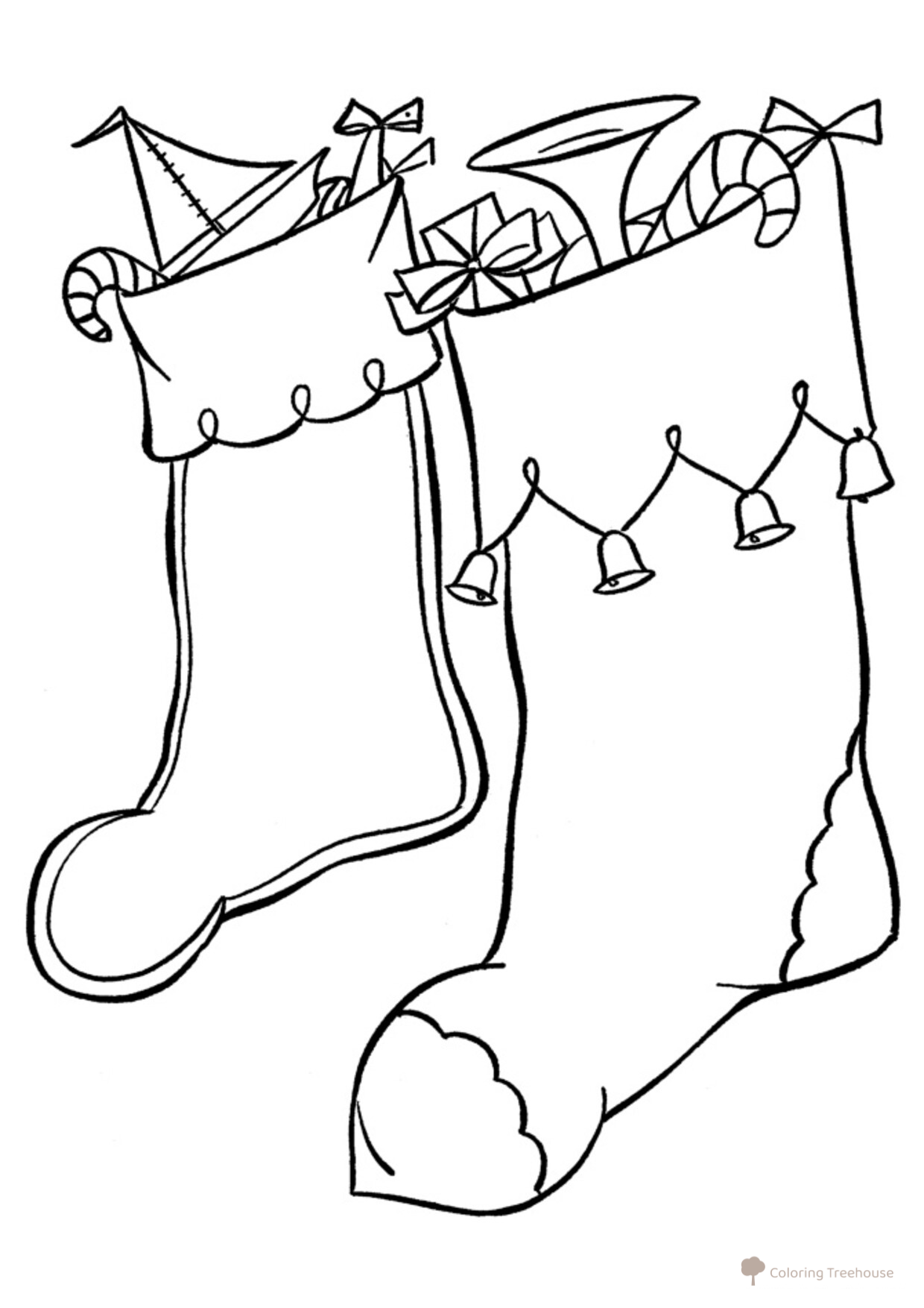 Christmas Stockings with Jingle Bells Coloring Page free printable Christmas Stocking Coloring Page coloring page
