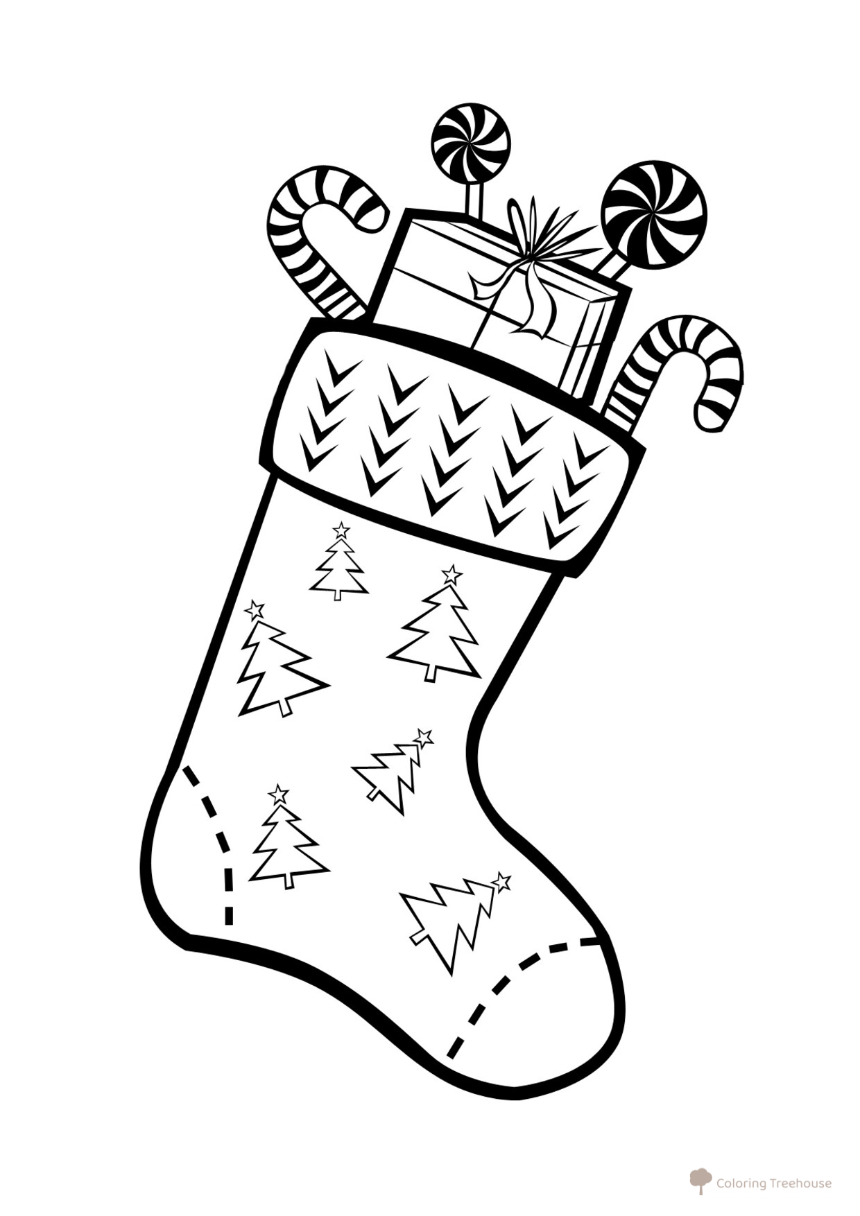 Página para colorear: Calcetín navideño con abetos dibujo para colorear gratis de Christmas Stocking Coloring Page