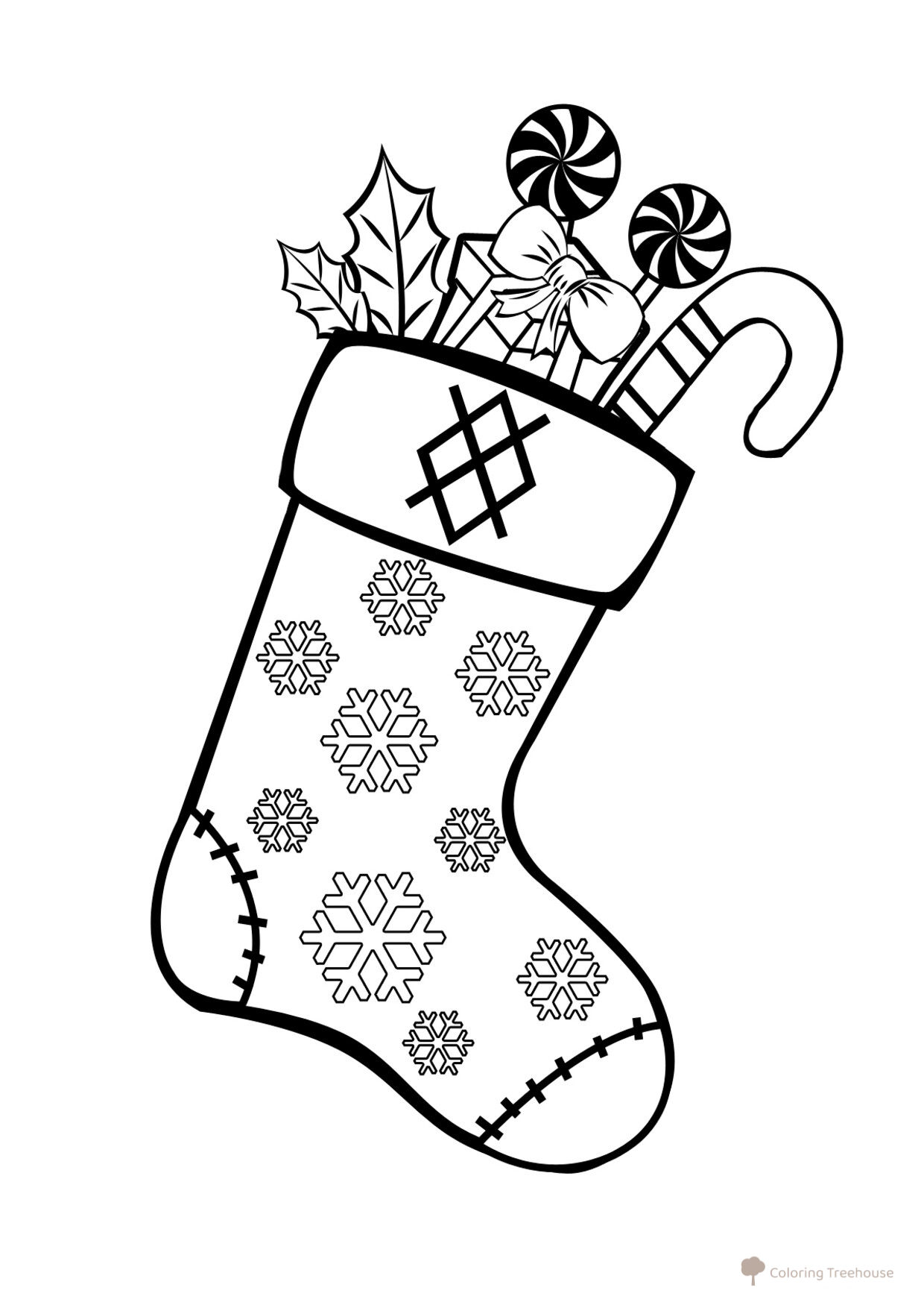 Página para colorear: calcetín de Navidad con copos de nieve dibujo para colorear gratis de Christmas Stocking Coloring Page