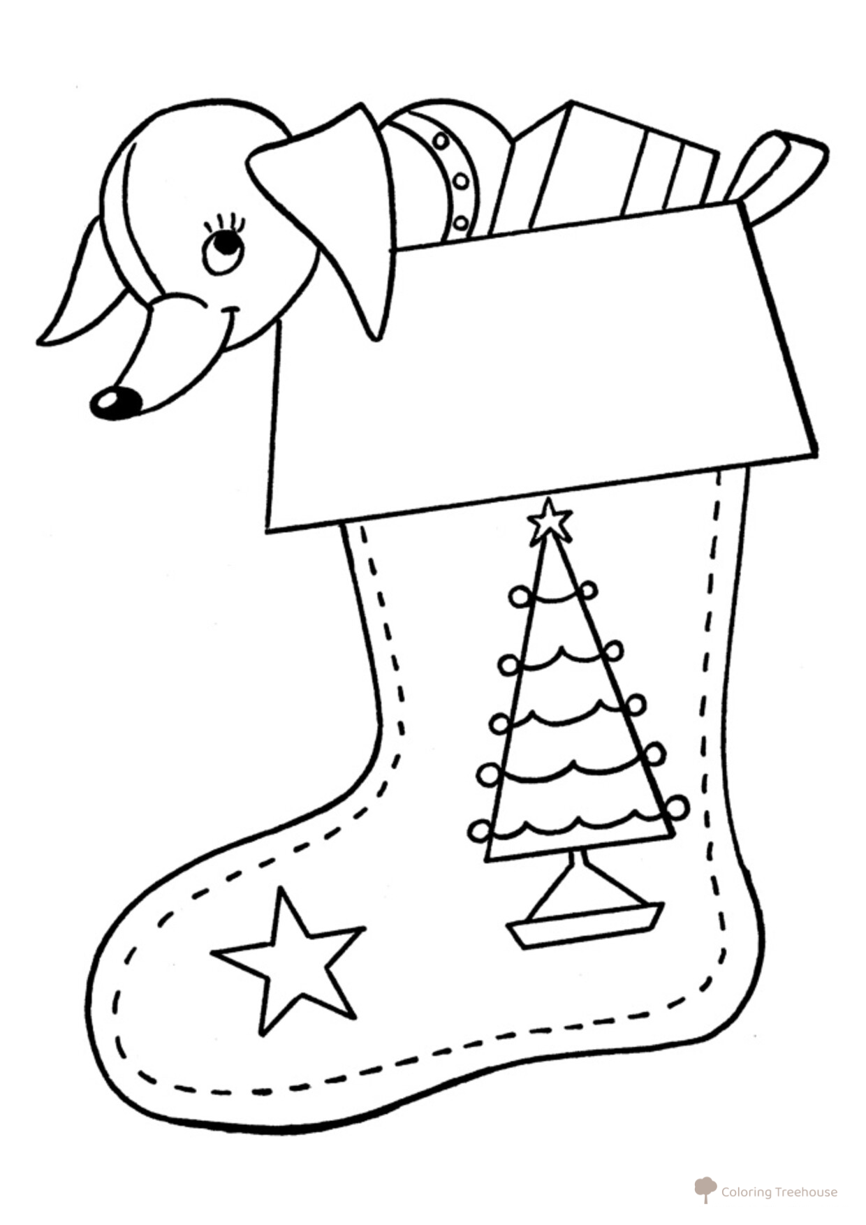 Página para colorear: Perrito en un calcetín navideño dibujo para colorear gratis de Christmas Stocking Coloring Page