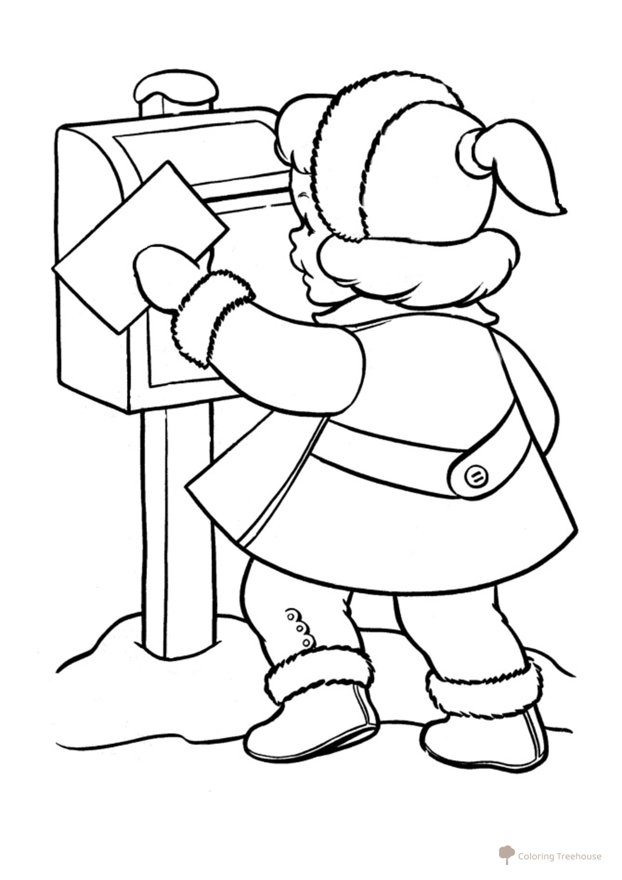 Dibujo para colorear: La niña envía una carta a Ded Moroz dibujo para colorear gratis de Páginas para colorear de Navidad para niños