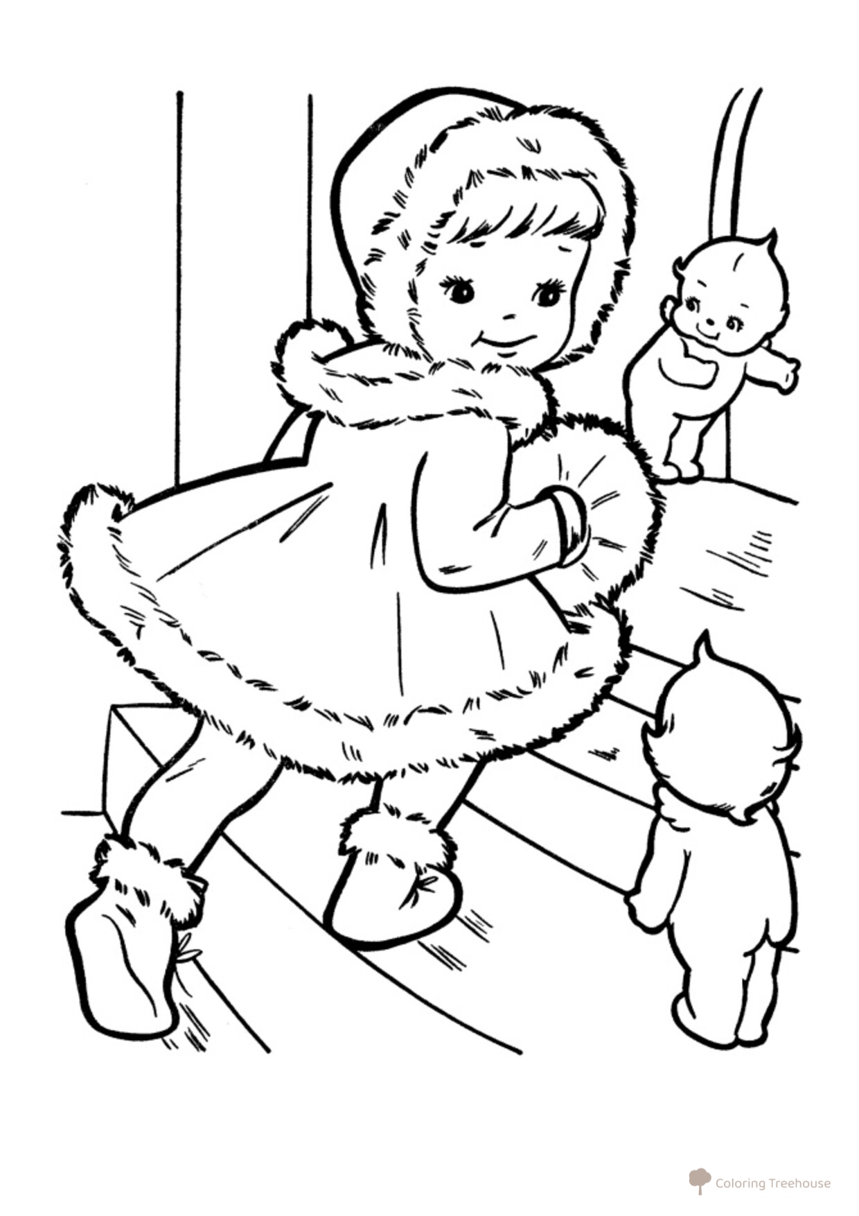 Dibujo para colorear: Niña con abrigo de piel navideño dibujo para colorear gratis de Páginas para colorear de Navidad para niños